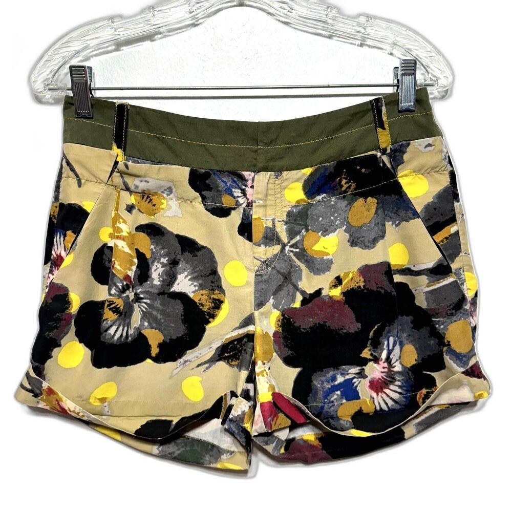 Rachel Roy Shorts Dark Floral Khaki Tan Green Print Business Wear Womens size 2